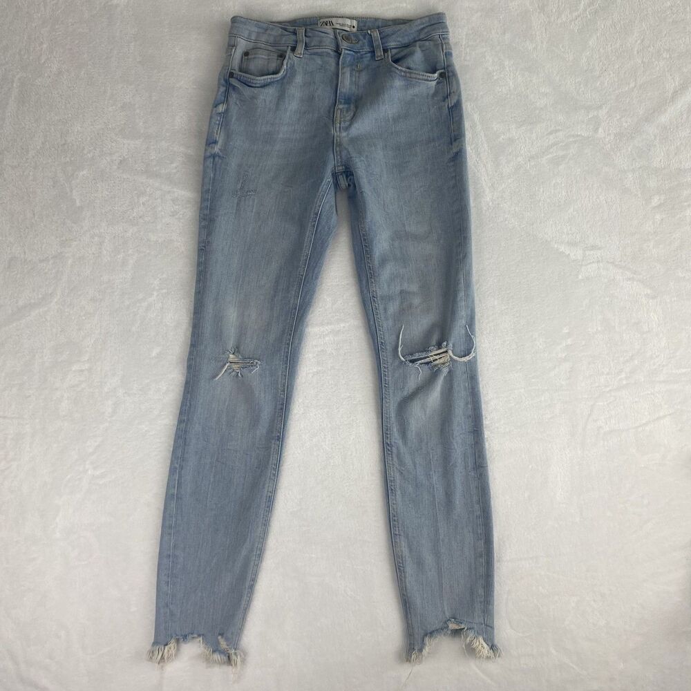 Zara Skinny Jeans Womens Size 4 Light Blue Stretch Denim Pants Ripped Casual